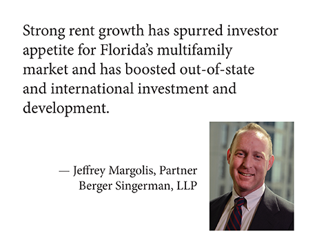 Strong rent growth has spurred investor appetite for Florida’s multifamily market and has boosted out-of-state and international multifamily investment and development. —Jeffrey Margolis, Partner, Berger Singerman LLP